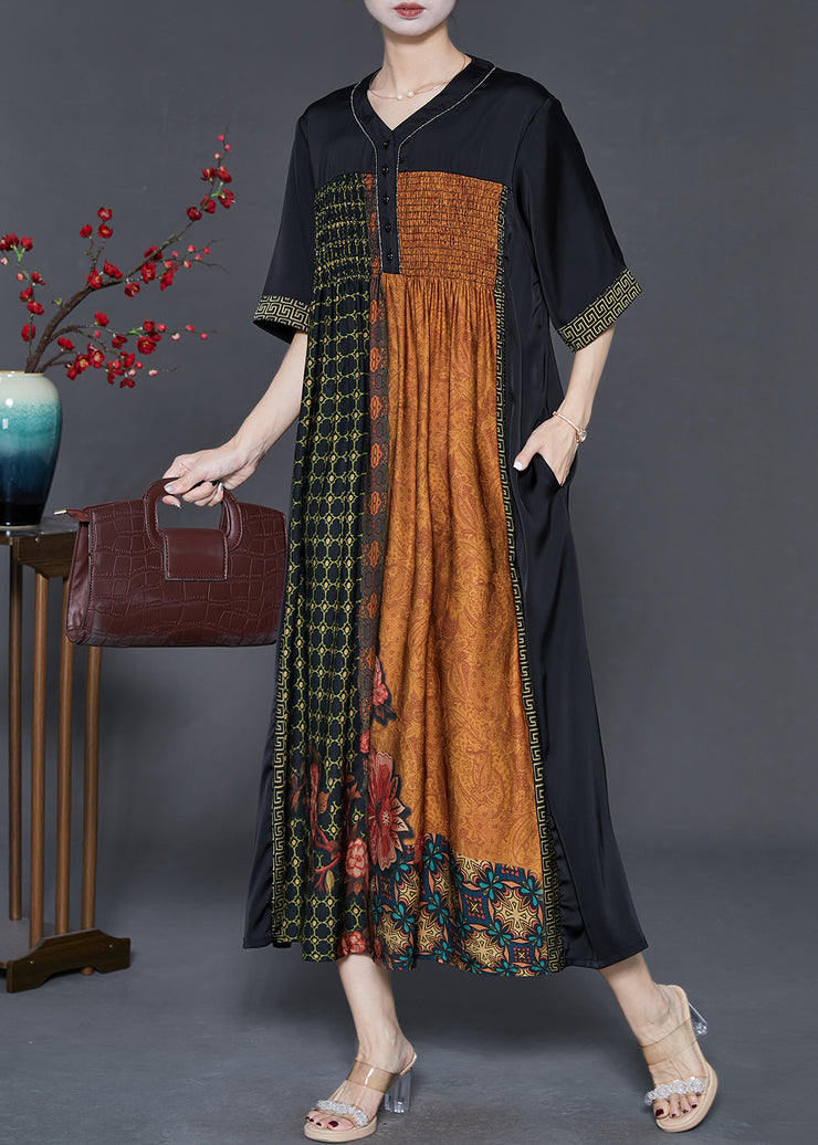 Black Patchwork Silk Maxi Dresses Oversized Print Summer