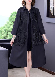 Black Patchwork Silk Trench Embroideried Tie Waist Bracelet Sleeve