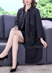 Black Patchwork Silk Trench Embroideried Tie Waist Bracelet Sleeve