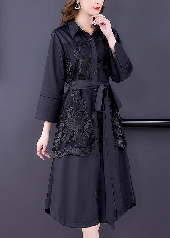 Black Patchwork Silk Trench Embroideried Tie Waist Bracelet Sleeve