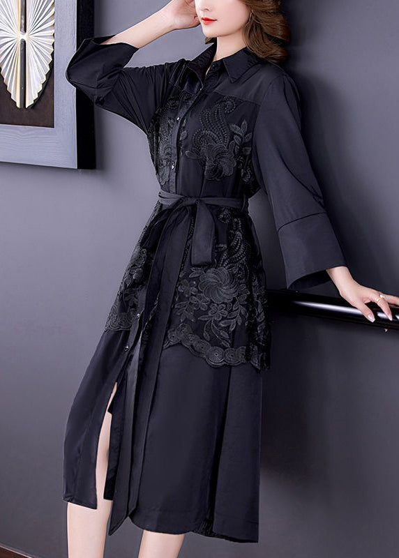 Black Patchwork Silk Trench Embroideried Tie Waist Bracelet Sleeve