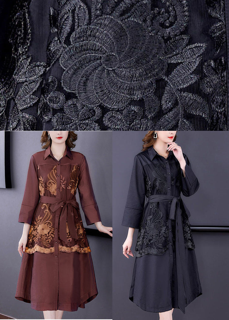 Black Patchwork Silk Trench Embroideried Tie Waist Bracelet Sleeve