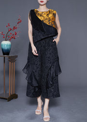 Black Patchwork Silk Two Piece Set Women Clothing Ruffles Jacquard Summer