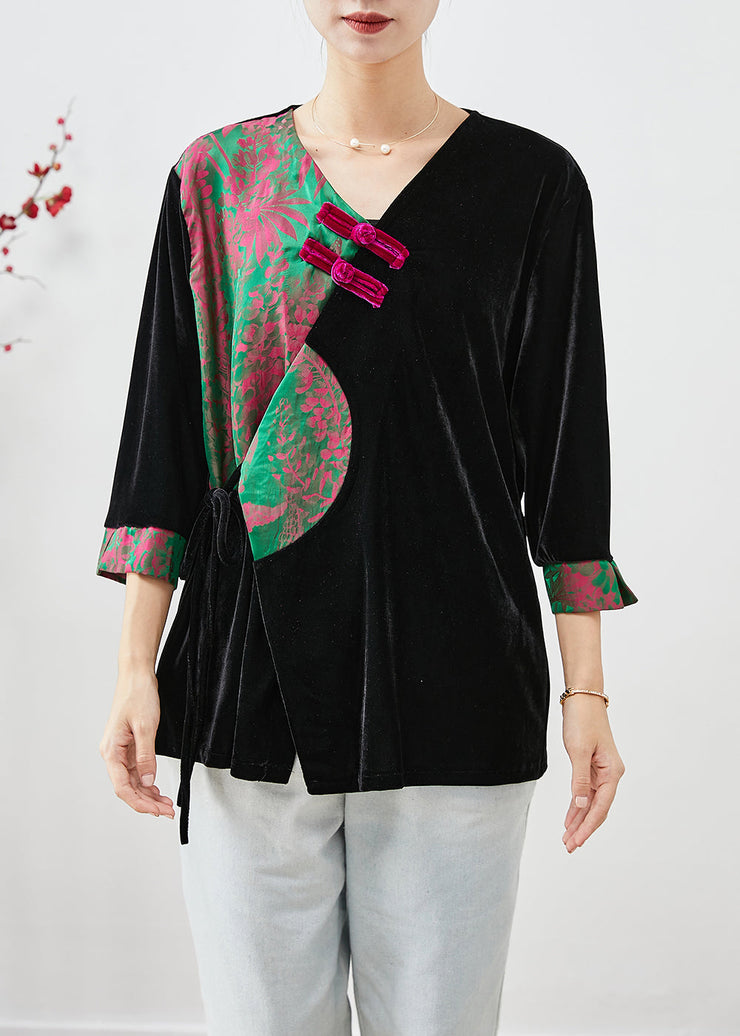 Black Patchwork Silk Velour Shirts Bracelet Chinese Button Sleeve