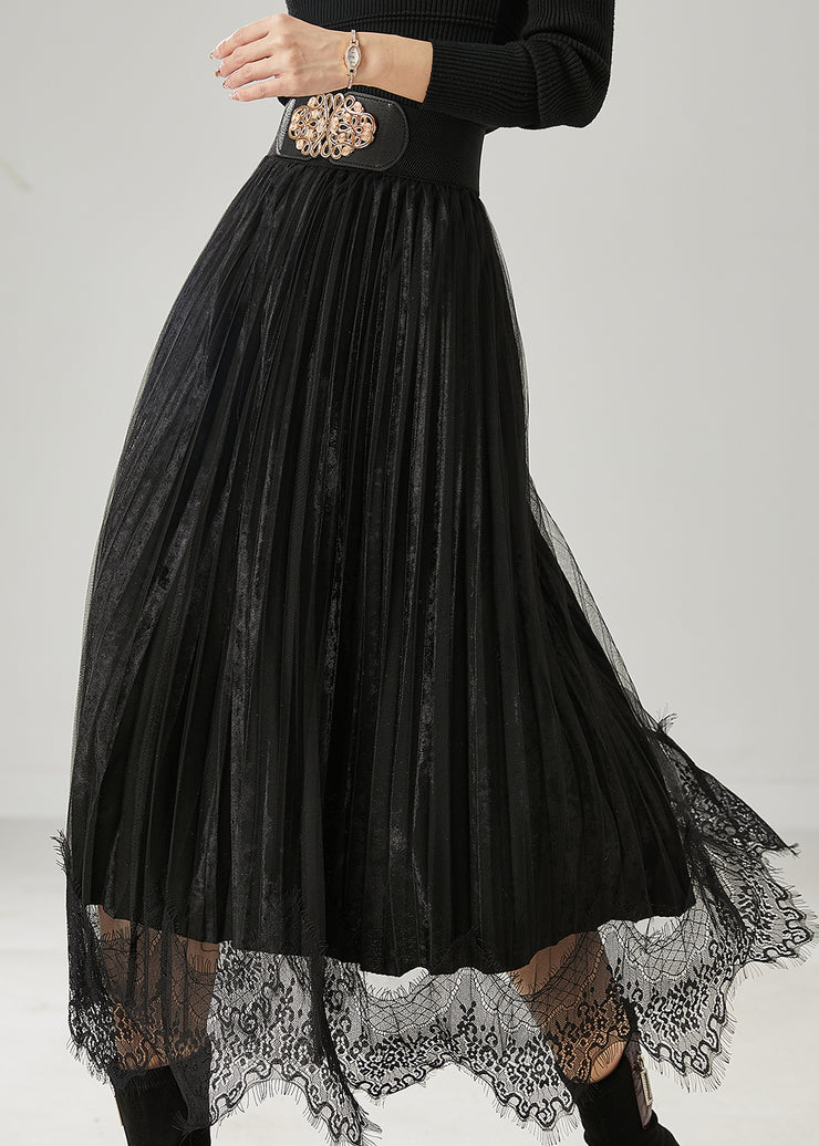 Black Patchwork Silk Velvet Pleated Skirts Exra Large Hem Spring