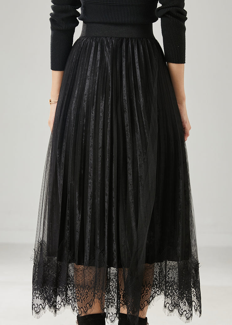 Black Patchwork Silk Velvet Pleated Skirts Exra Large Hem Spring