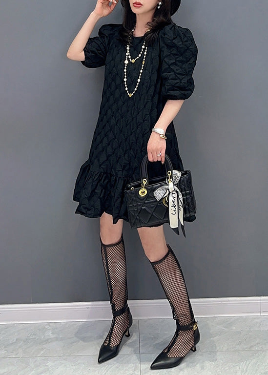 Black Patchwork Slim Mid Dress Puff Sleeve