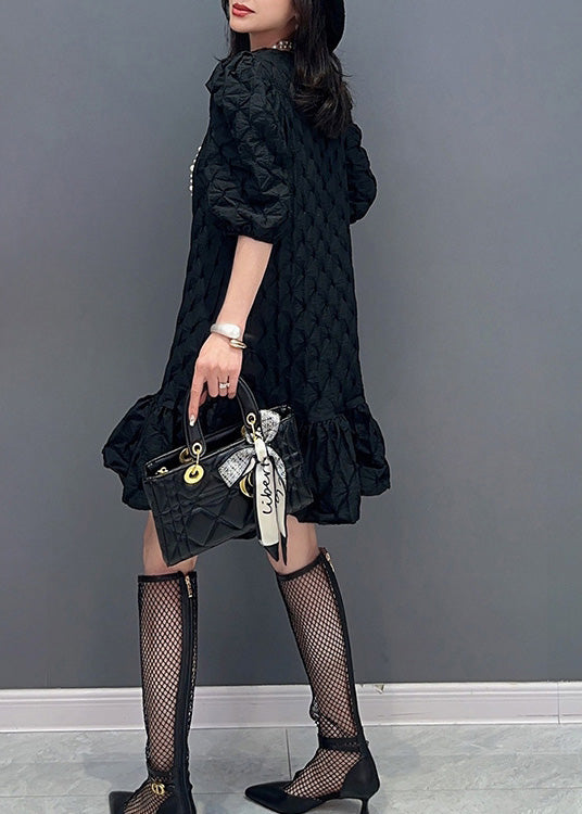 Black Patchwork Slim Mid Dress Puff Sleeve