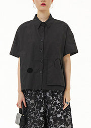 Black Patchwork Solid Cotton Shirt Short Sleeve