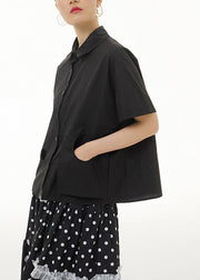 Black Patchwork Solid Cotton Shirt Short Sleeve