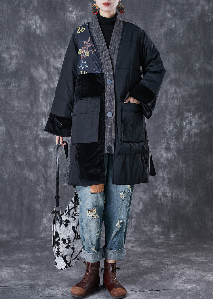 Black Patchwork Thick Fine Cotton Filled Parkas Oversized Pockets Winter