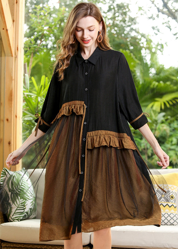 Black Patchwork Tulle Holiday Dress Peter Pan Collar Ruffles Half Sleeve