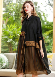 Black Patchwork Tulle Holiday Dress Peter Pan Collar Ruffles Half Sleeve