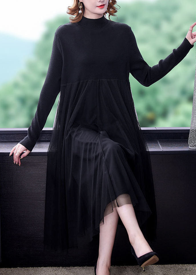 Black Patchwork Tulle Knit Long Dress Exra Large Hem Long Sleeve