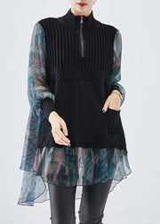 Black Patchwork Tulle Knit Shirts Tie Dye Fall