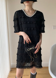 Black Patchwork Tulle Mid Dress V Neck Nail Bead Ruffled Summer