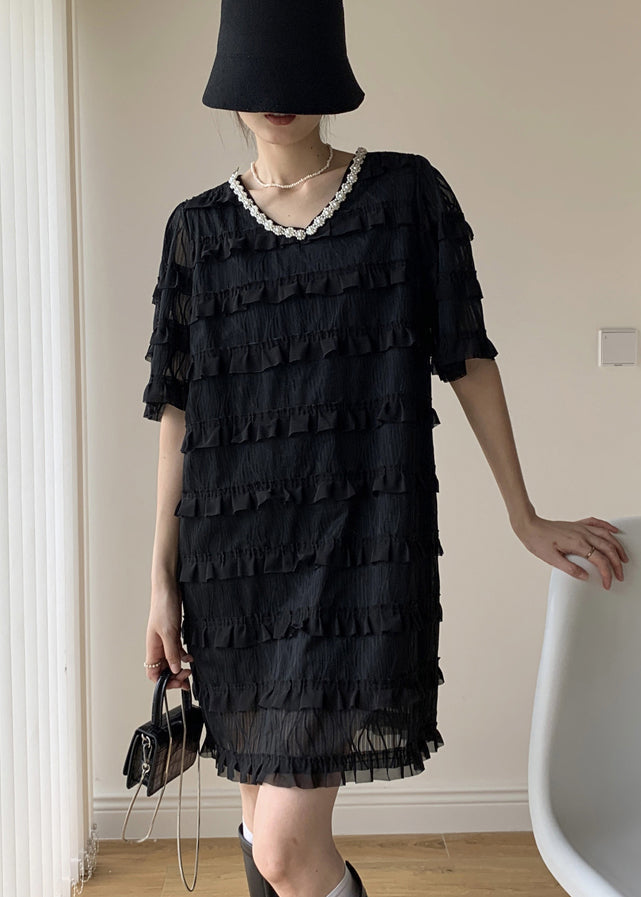 Black Patchwork Tulle Mid Dress V Neck Nail Bead Ruffled Summer