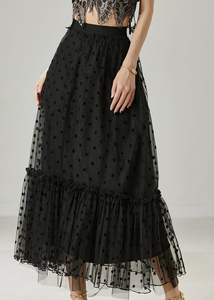 Black Patchwork Tulle Skirt Ruffled Print Summer
