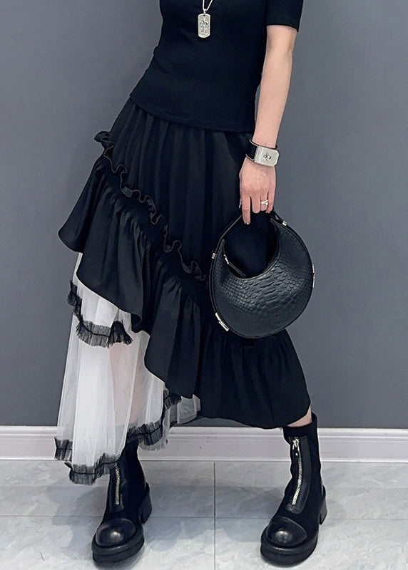 Black Patchwork Tulle Skirts Ruffled Asymmetrical Summer