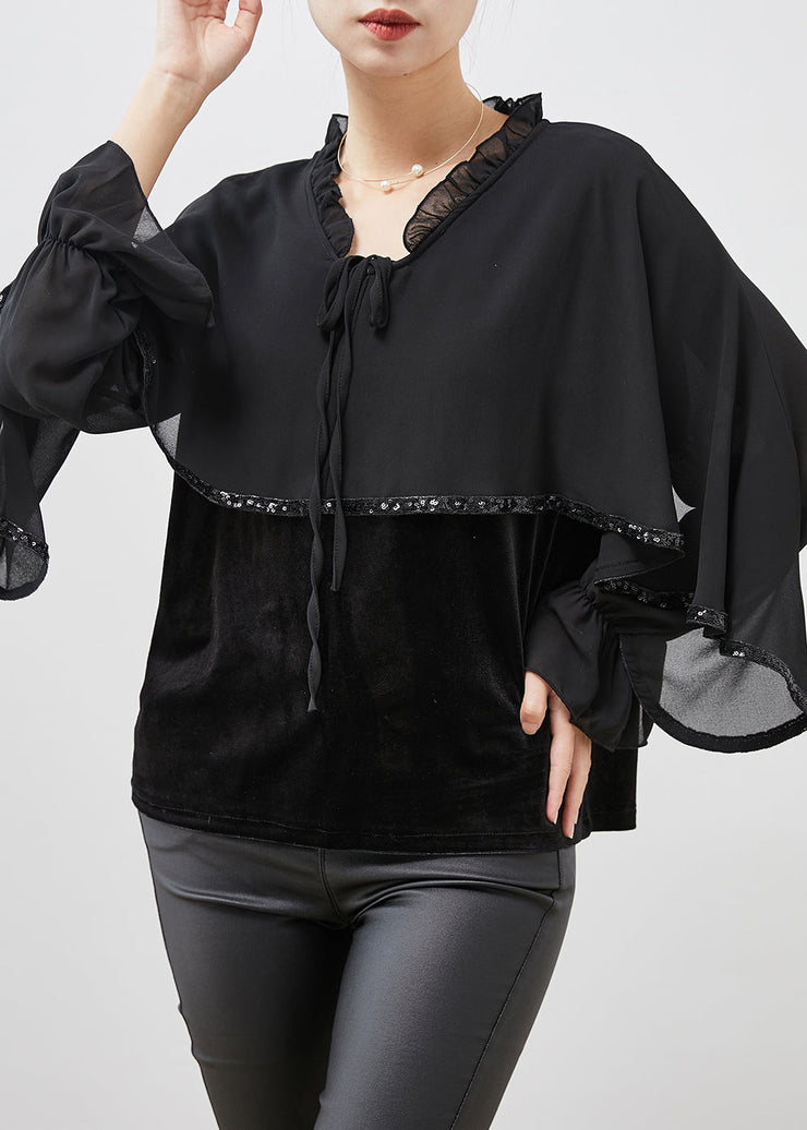 Black Patchwork Velour Chiffon Shirt Ruffled Lace Up Spring