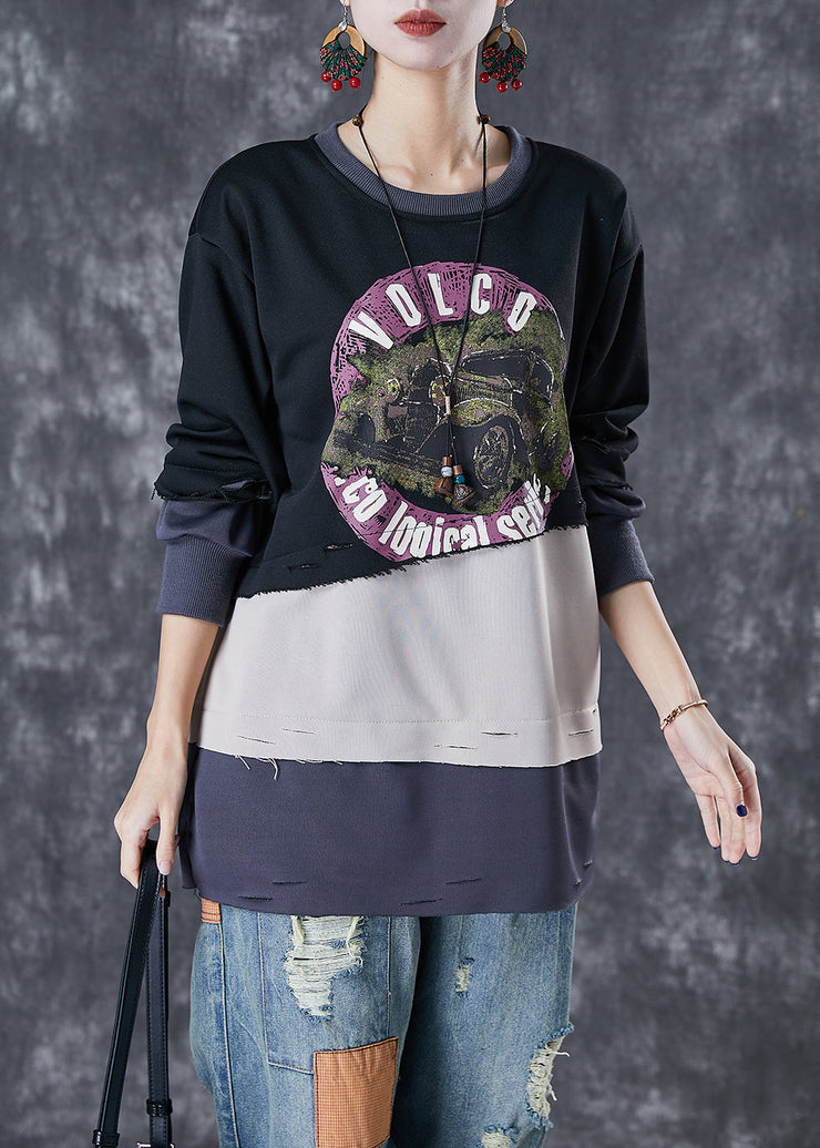 Black Patchwork Warm Fleece Ripped Pullover Sweatshirt Oversized Winter