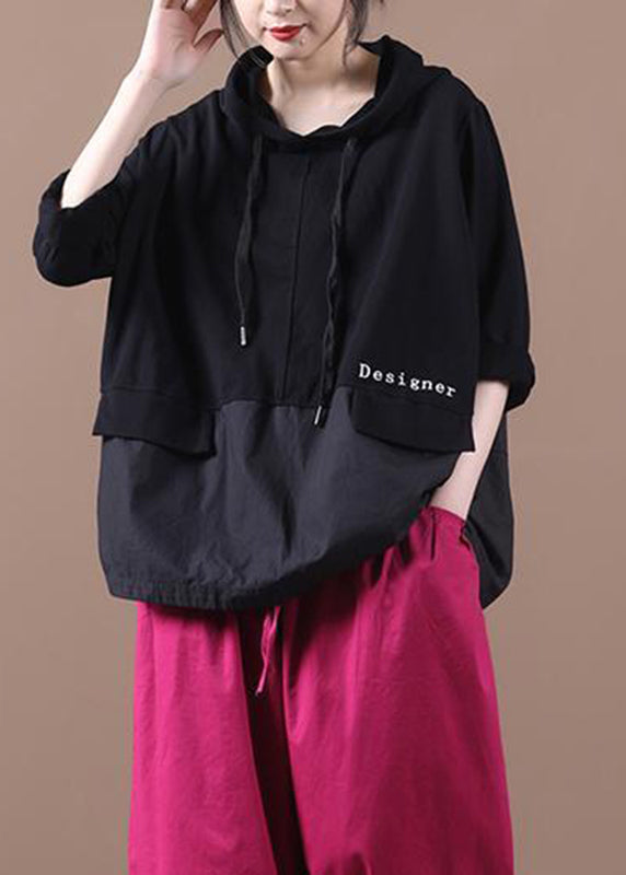 Black Patchwork Wrinkled Hooded Sweatshirt Long Sleeve