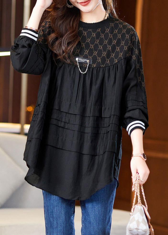 Black Patchwork Wrinkled Shirt Long Sleeve