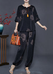 Black Peony Print Silk Two Pieces Set Oversized Half Sleeve