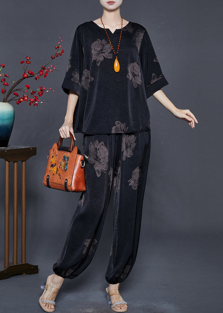 Black Peony Print Silk Two Pieces Set Oversized Half Sleeve