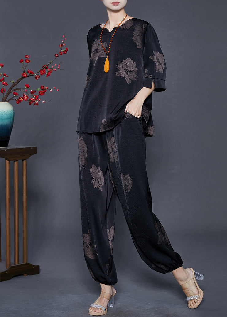 Black Peony Print Silk Two Pieces Set Oversized Half Sleeve