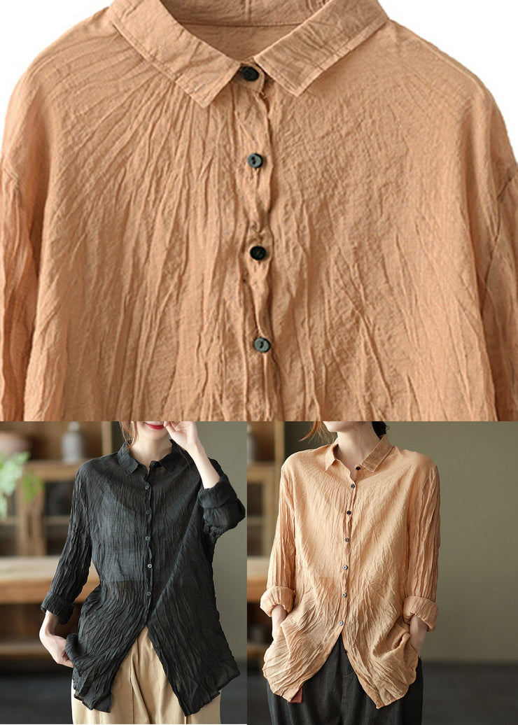 Black Peter Pan Collar Button Silk Linen Shirt Long Sleeve