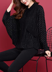 Black Peter Pan Collar Button Striped Knit Coats Long Sleeve