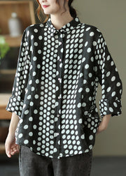 Black Peter Pan Collar Dot Button Linen Shirt Long Sleeve