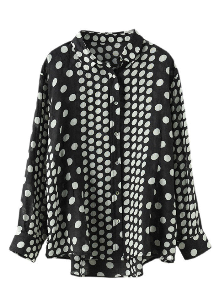 Black Peter Pan Collar Dot Button Linen Shirt Long Sleeve