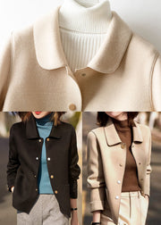 Black Peter Pan Collar Pockets Woolen Coats Long Sleeve