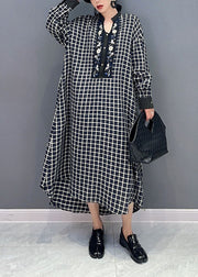 Black Plaid Cotton Robe Dresses Stand Collar Oversized Spring