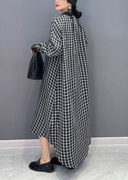 Black Plaid Cotton Robe Dresses Stand Collar Oversized Spring