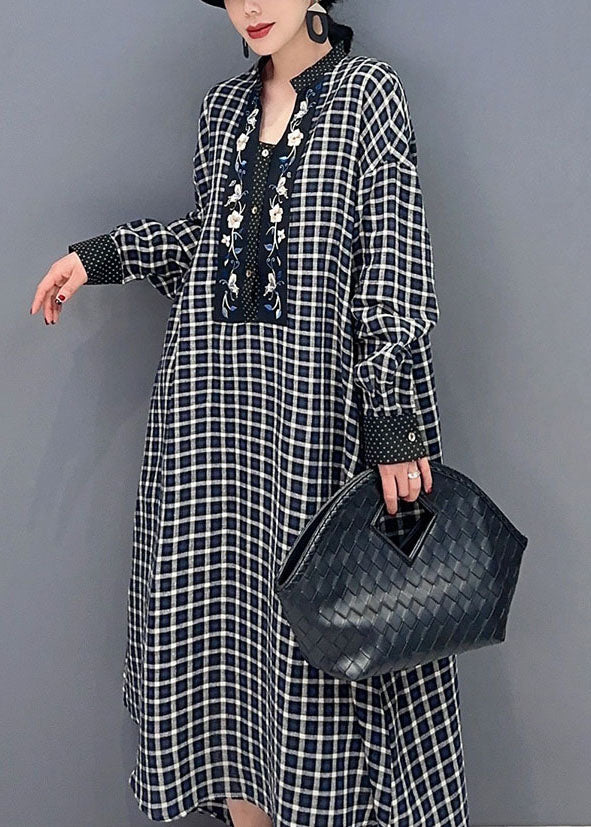 Black Plaid Cotton Robe Dresses Stand Collar Oversized Spring