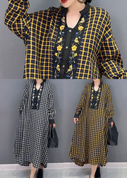 Black Plaid Cotton Robe Dresses Stand Collar Oversized Spring