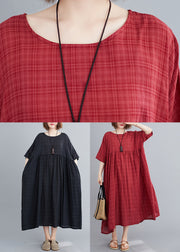 Black Plaid Patchwork Long Dresses Short Sleeve