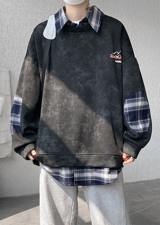 Black Plaid Patchwork Warm Fleece Men Sweatshirt Peter Pan Collar Spring