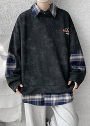 Black Plaid Patchwork Warm Fleece Men Sweatshirt Peter Pan Collar Spring