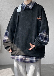 Black Plaid Patchwork Warm Fleece Men Sweatshirt Peter Pan Collar Spring