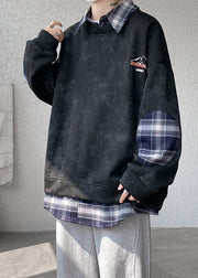 Black Plaid Patchwork Warm Fleece Men Sweatshirt Peter Pan Collar Spring