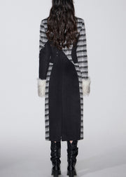 Black Plaid Patchwork Woolen Peter Pan Collar Spring