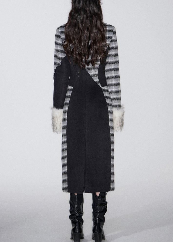 Black Plaid Patchwork Woolen Peter Pan Collar Winter