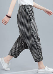 Black Plaid Pockets Patchwork Cotton Crop Pants Elastic Waist Summer