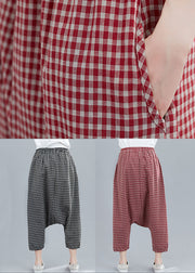 Black Plaid Pockets Patchwork Cotton Crop Pants Elastic Waist Summer