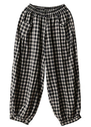 Black Plaid Pockets Plus Size Linen High Waist Crop Pants Summer