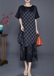 Black Plaid Silk Two-Piece Set O-Neck Side Open Summer